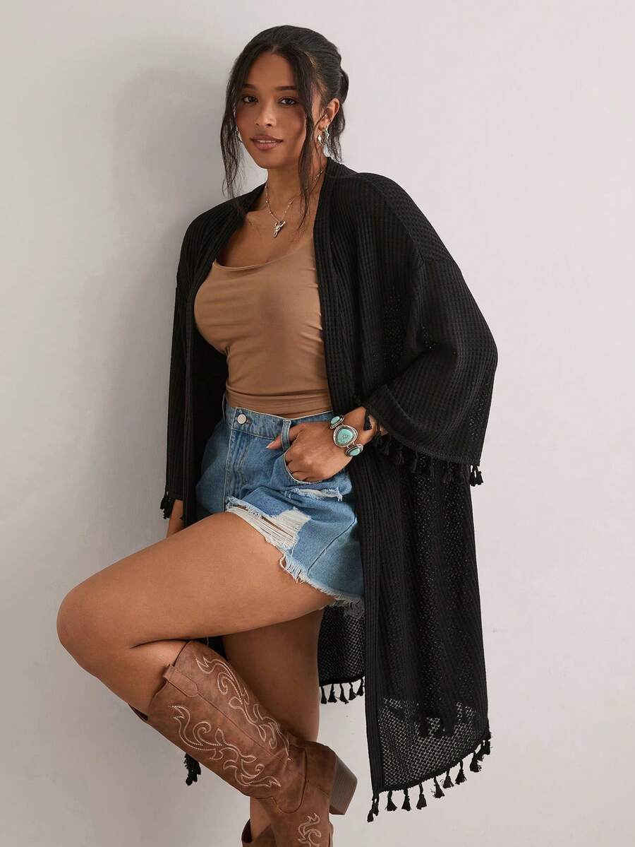Freevana Women's Vacation Black Waffle Knit Fringe Hem Open Front Loose Long Cardigan Jacket Outerwear For Autumn Office - Black - View 1