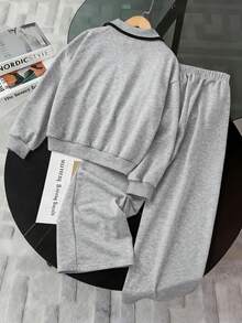SHEIN 女童淺灰色休閒 80 年代 Polo 領半拉鍊運動衫慢跑褲套裝 小馬印花學院風運動套裝 校園度假秋季 - 灰色 - 查看 2