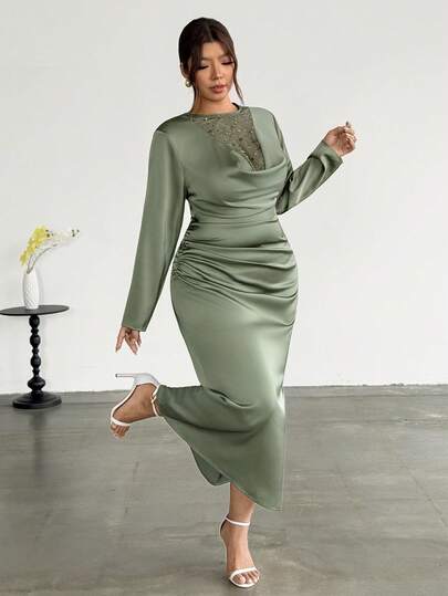 Firerie Plus Size Elegant Party Sequin Mesh Patchwork Dress
