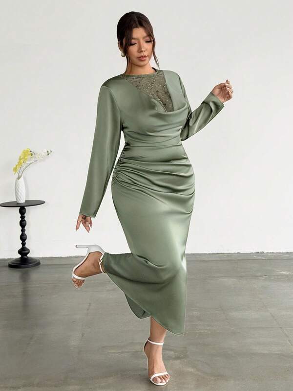 Firerie Plus Size Elegant Party Sequin Mesh Patchwork Dress