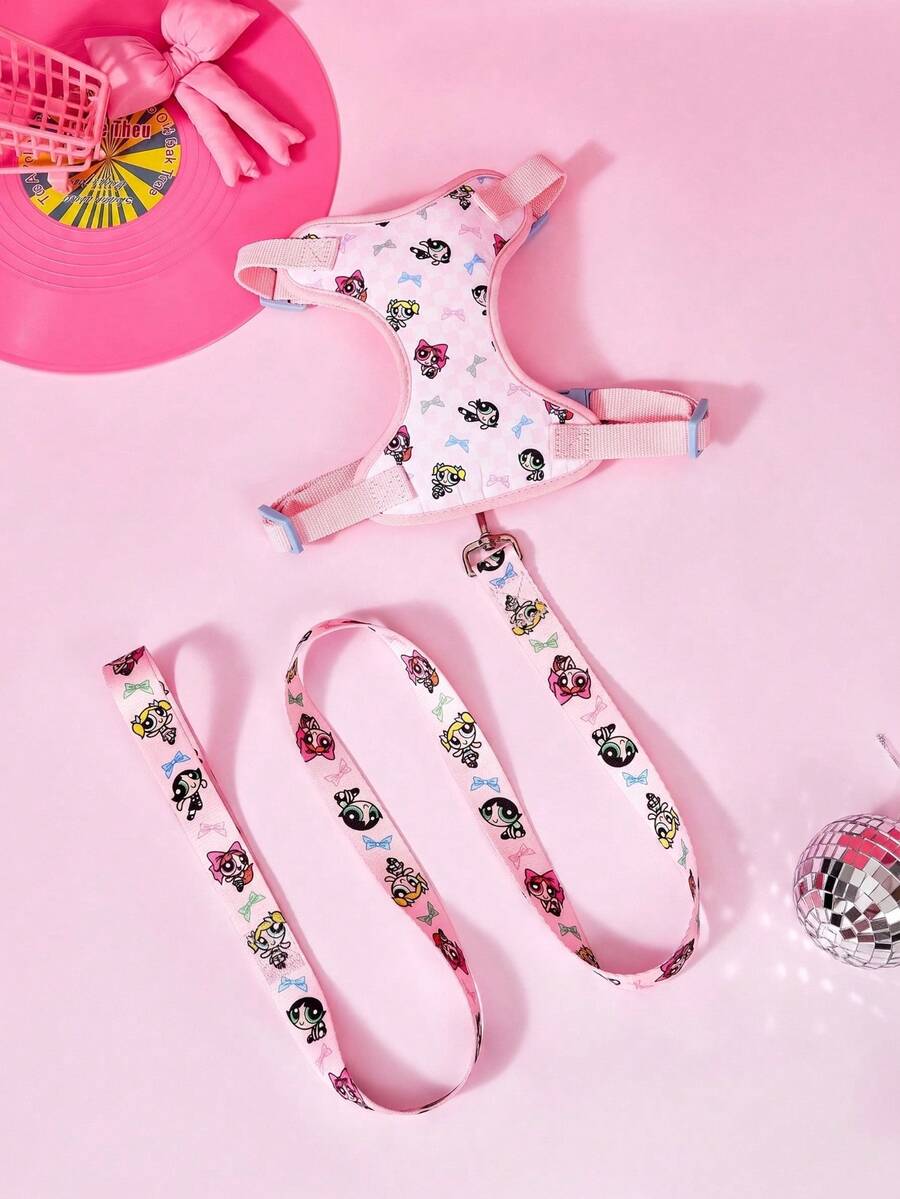THE POWERPUFF GIRLS X PETSIN Set Harness dan Tali Kekang Hewan Peliharaan Kartun Lucu - Berwarna merah muda - View 1