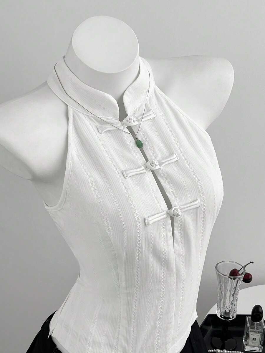 Elamini Women's Solid Color Elegant Halter Neck Blouse With Frog Button Design - White - View 1