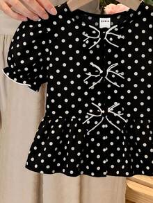 SHEIN LMoss Kids 少女休閒圓領短袖波點梭織套頭上衣 - 黑色 - 查看 4