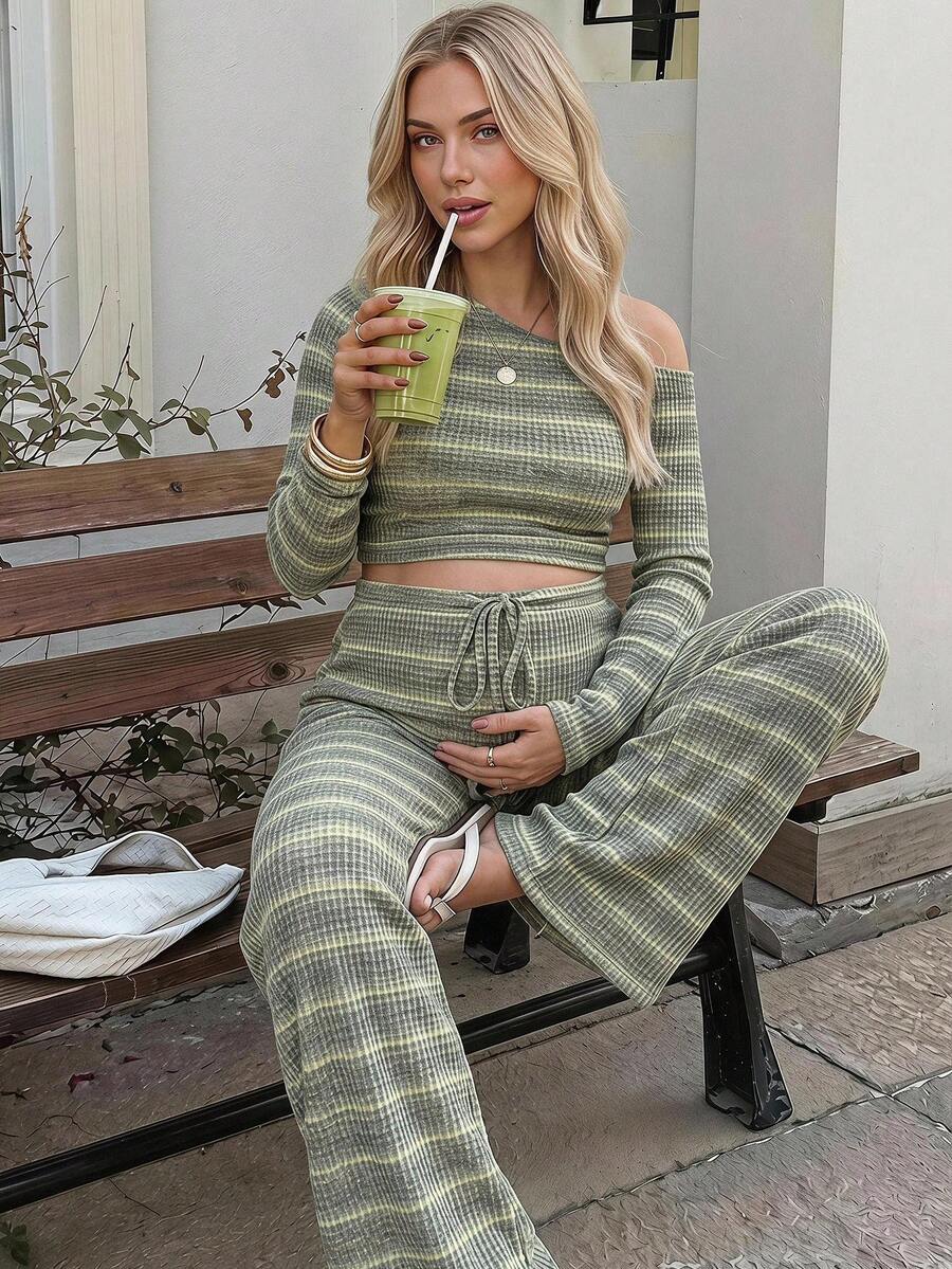 Lyckli Women's Maternity 2-Piece Casual Set: Striped Asymmetric-Neck Long-Sleeve T-Shirt & Drawstring-Waist Pants (Autumn) Fall - Green - View 1