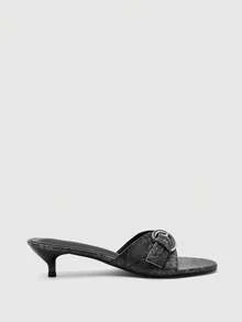 CUCCOO BIZCHIC Dark Gray Snake Pattern Belt Buckle Kitten And Sandals Kitten Heels - Dark Grey - View 2