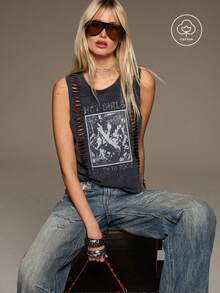BAD SUNDAY Women's All-Season Washed Distressed Printed Cutout Hollow Vintage Tank Top Y2K Millennium Hot Girl Cool - Grey - View 3