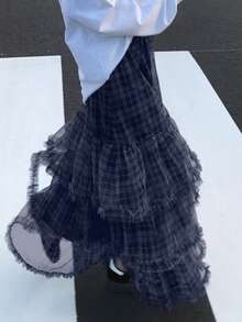 Dazy Tall Women's Plaid Long Casual Skirt Cute Tops - Navy Blue - View 7