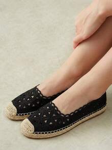 Styleloop Ladies Black Summer Handmade Embroidered Thread Floral Hollow Hemp Rope Espadrilles Flats, Bohemian Style, Casual Vacation, Comfortable Commuter Fall Shoes - Black - View 8