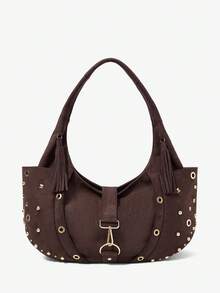 Viva Strut Women's Fashionable Personalized Street Cool Retro Brown Suede Rivet Metal Buckle Shoulder Bag, Daily Commute To Work Shopping To School - Brown - View 5