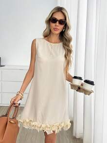 Easowa Round Neck 3D Lace Hem Sleeveless A-Line Dress Casual French Relaxed Elegant Commuter Old Money Style Summer Women's Brunch Tea Party Beige - White - View 7