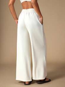 SHEIN Unity Women's Casual Versatile Loose Comfortable Solid Color Wide Leg Pants - Beige - View 2