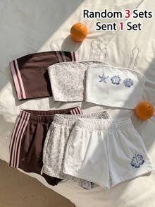 SHEIN Tween女孩對比粉色膠帶裝飾棕色抹胸上衣與短褲2件套，夏季穿搭 - 棕色 - 查看 9