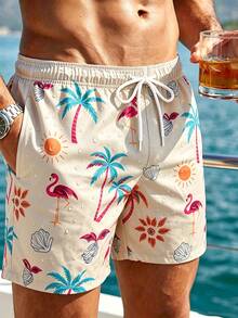 Naviga Onda Celana Pendek Pantai Kasual Pria dengan Tali Serut dan Motif Pohon Palem & Flamingo, Warna Beige, Gaya Boho Musim Panas, Celana Renang untuk Liburan di Hawaii, Tropis - Khaki - View 2