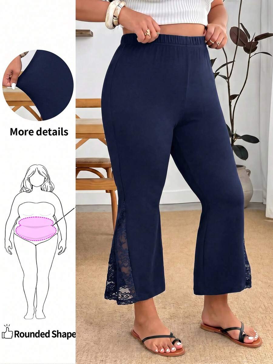 Enliva Celana Panjang Model Lebar Kasual Musim Panas Ukuran Besar, Celana Pendek, Celana Lebar dengan Hiasan Renda - Navy Blue - View 1