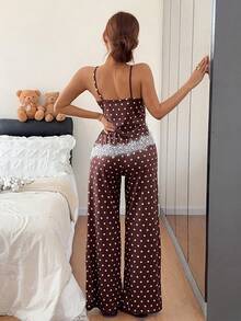 Napfluff 波點蕾絲拼接細肩帶背心與寬腿褲家居服套裝 - 棕色 - 查看 3