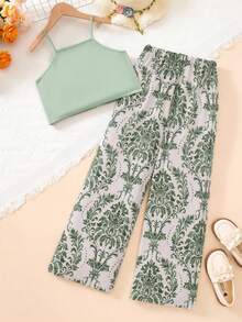 Sparklyn Tween GirlsVacation Set, Layered Ruffle Camisole + Floral Print Wide Leg Pants, & Elegant For Daily Outing, Beach Trip, Photo Shoot - Green - View 2