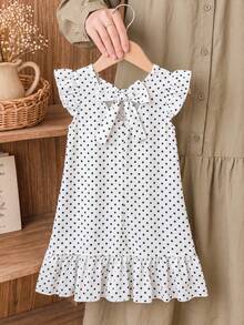 SHEIN Vintaside Kids 女童大童春夏度假海灘熱帶風 3D蝴蝶結圓領無袖荷葉飄逸袖甜美春季風中長洋裝 - 黑與白 - 查看 3