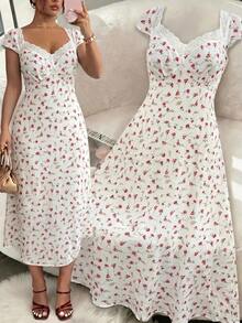 Firerie Plus Size Summer Casual Ditsy Floral Contrast Lace Heart Neck Dress - Apricot - View 1