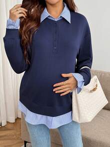 SHEIN Maternity Striped Patchwork 2 In 1 Sweatshirt Fall Teachers' Day Office Party Maternity Photoshoot Formal Navy Blue Casual Elegant - Blue - View 4