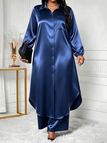 SHEIN Lady Plus Size Women Solid Color Single-Breasted Long Sleeve Top And Pants Casual Daily 2 Pieces Set Fall - Navy Blue - View 6