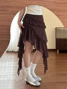 SHEIN MOD Plus Size Women's Asymmetrical Ruffle Hem Skirt Fall - Coffee Brown - View 3