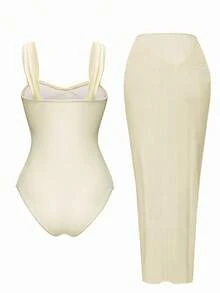 Bonvoyette 1pc High Quality Women's Triangle One-Piece Swimsuit + Mesh Skirt, Slimming, Sun Protection, Hot Spring Outfit - Apricot - View 4