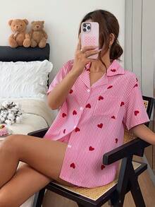 Napfluff Women's Red Striped Heart Print Cardigan Petal Sleeve Crinkled Short Sleeve Shorts Pajama Set - Pink - View 3