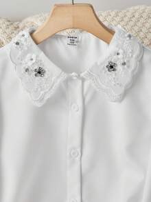 Tween Girls Girls' Back To School White Solid Color Collared Single-Breasted Regular Fit Shirt, Casual Commuter School Uniform Inner Layer, Embroidere - White - View 4