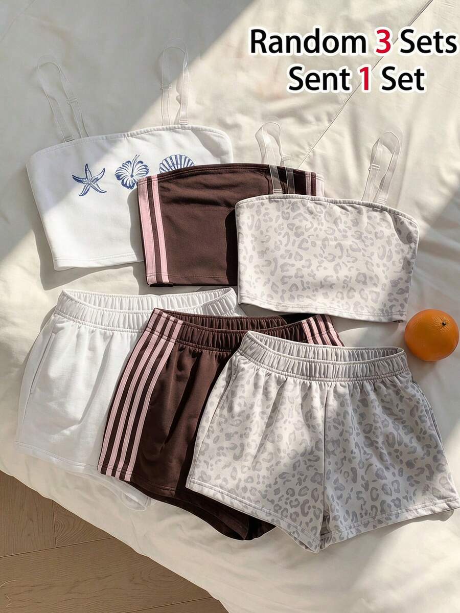 SHEIN Tween女孩對比粉色膠帶裝飾棕色抹胸上衣與短褲2件套,夏季穿搭 - 棕色 - 查看 1