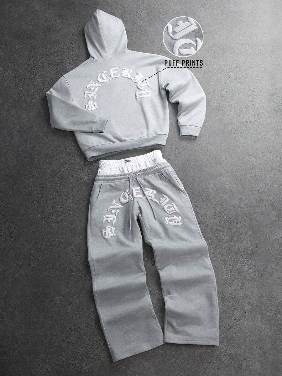 STYNVO Men's Letter Print Long Sleeve Hoodie And Drawstring Waist Pants Set - Grey - View 1