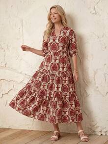 SHEIN LUNE Women's Casual Mid-Length Dress With Small V-Neck, Mid-Sleeves And Color Block Patchwork Design, Spring/Summer - Redwood - View 5
