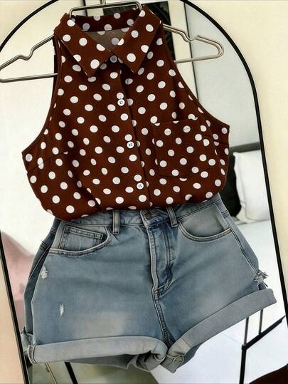 SHEIN Franclia Women's French Vintage Polka Dot Sleeveless Top With Collar And Buttons, Summer