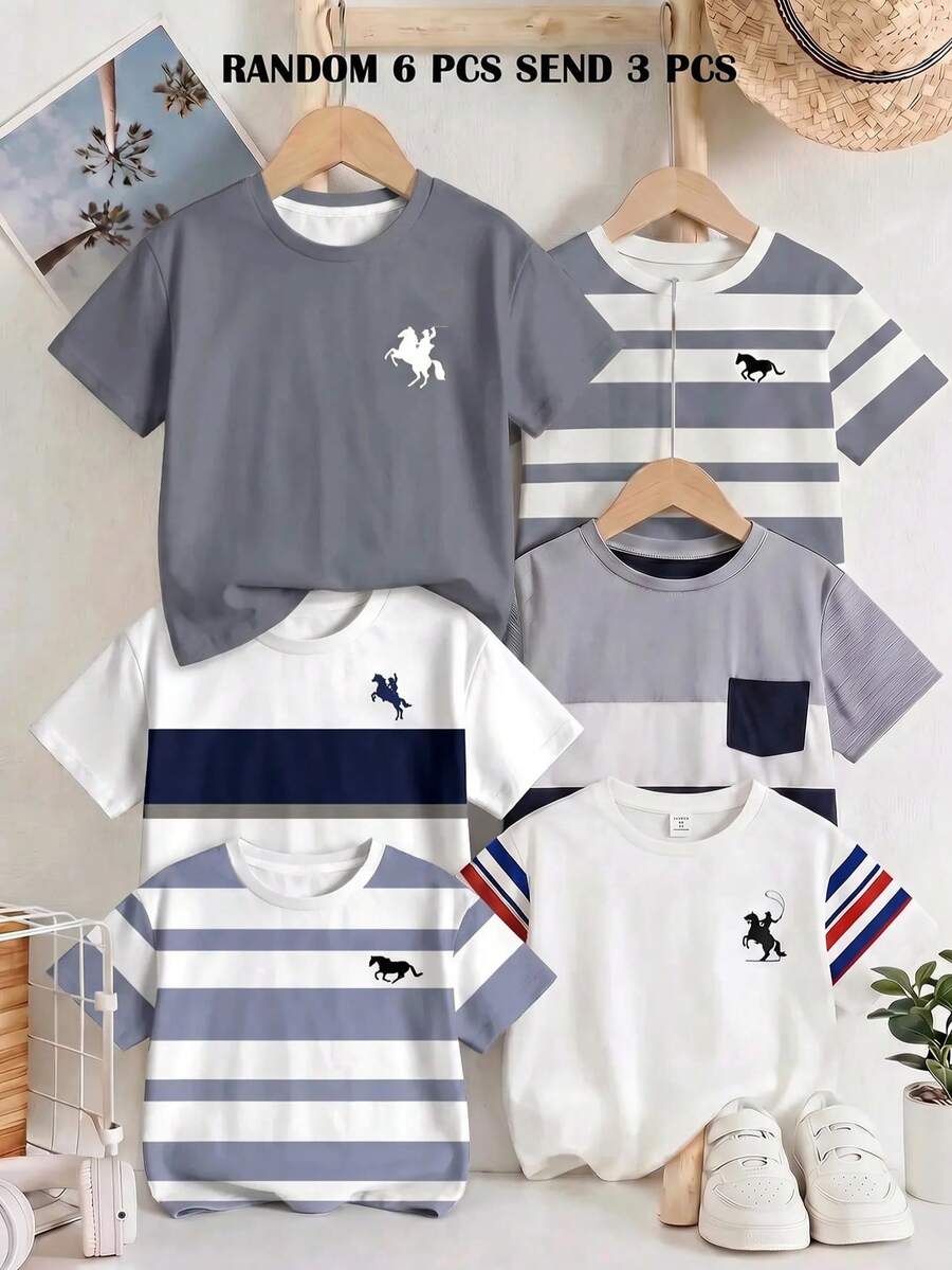 RANDOM 6 PCS SEND 3 PCS Kaos Anak Laki-Laki Set 3 Potong, Motif Garis Klasik Blok Warna Retro, Motif Logo Kuda Poni yang Indah, Motif Logo Ksatria Klasik, Cocok untuk Musim Kembali ke Sekolah - MultiWarna - View 1