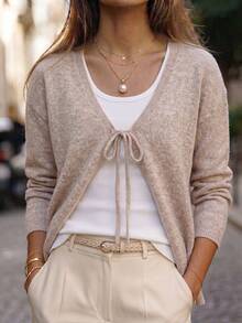 SHEIN Casual Loose V-Neck Long Sleeve Knit Front Tie Design Khaki Women's Spring/Autumn Thin Cardigan,Going Out Top,Fall Outfits,Basic Tops,Social Tops - Khaki - View 5