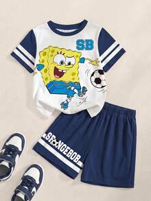 SpongeBob SquarePants | SHEIN 男童夏季休闲撞色卡通印花圆领短袖T恤短裤套装 - 白色 - 查看 1