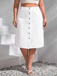 Breezaya Plus Size White Denim Skirt With Front Buttons - White - View 1