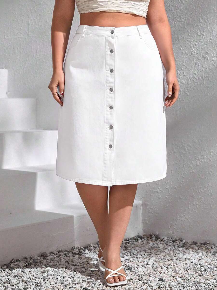 Breezaya Plus Size White Denim Skirt With Front Buttons - White - View 1