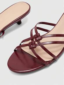 CUCCOO BIZCHIC Women's Burgundy Thin Strap Woven Kitten Heel Sandals, Round Toe Open Toe Knot Geometric Pattern Low Heel, Summer Casual Commute Versatile - Burgundy - View 3