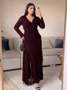 Auveirra Plus Size Women Solid Color V-Neck Pleated Casual Party Dress - Burgundy - View 4