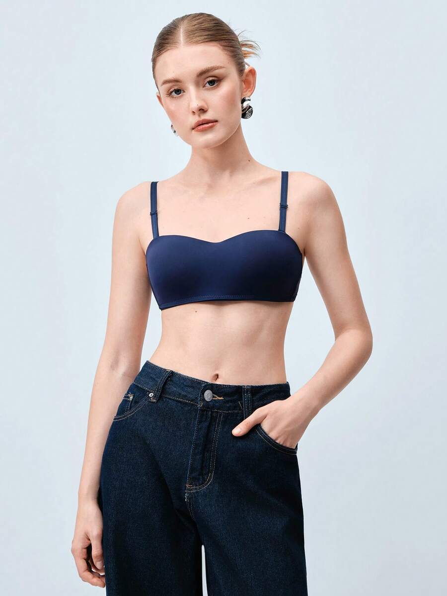 Softvol 1件式女款舒適休閒無鋼圈性感柔軟輕盈半罩杯純色Bralette內衣，可調節肩帶 - 寶藍色 - 查看 1