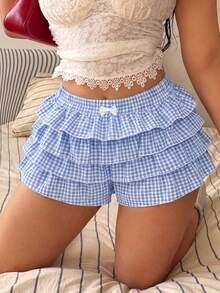 SHEIN MOD 大码休闲低腰格子修身荷叶边超短裤女式返校服装女式蓝白平角短裤简约日常 - 藍色 - 查看 3