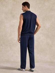 Men's Solid Color Zip-Up Vest And Pants Set - Navy Blue - View 2