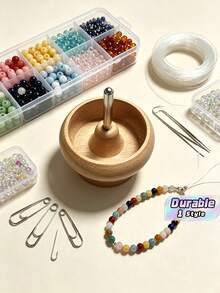 DIY 珠飾旋轉器，木製手鍊旋轉器附 1 根串珠針，適用於製作米珠、黏土珠、腰帶、手鍊 - 杏色 - 查看 1