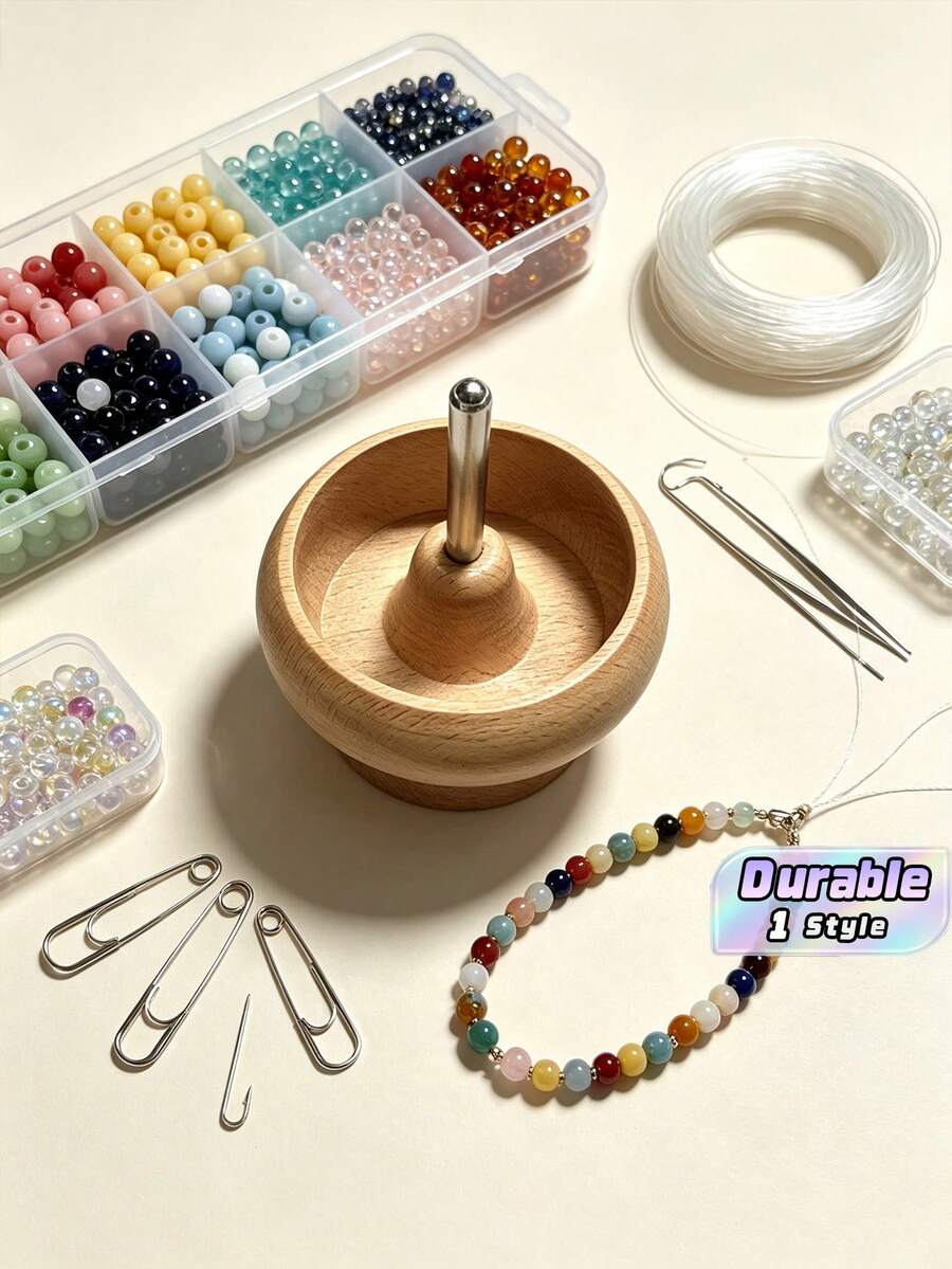 DIY 珠飾旋轉器,木製手鍊旋轉器附 1 根串珠針,適用於製作米珠、黏土珠、腰帶、手鍊 - 杏色 - 查看 1