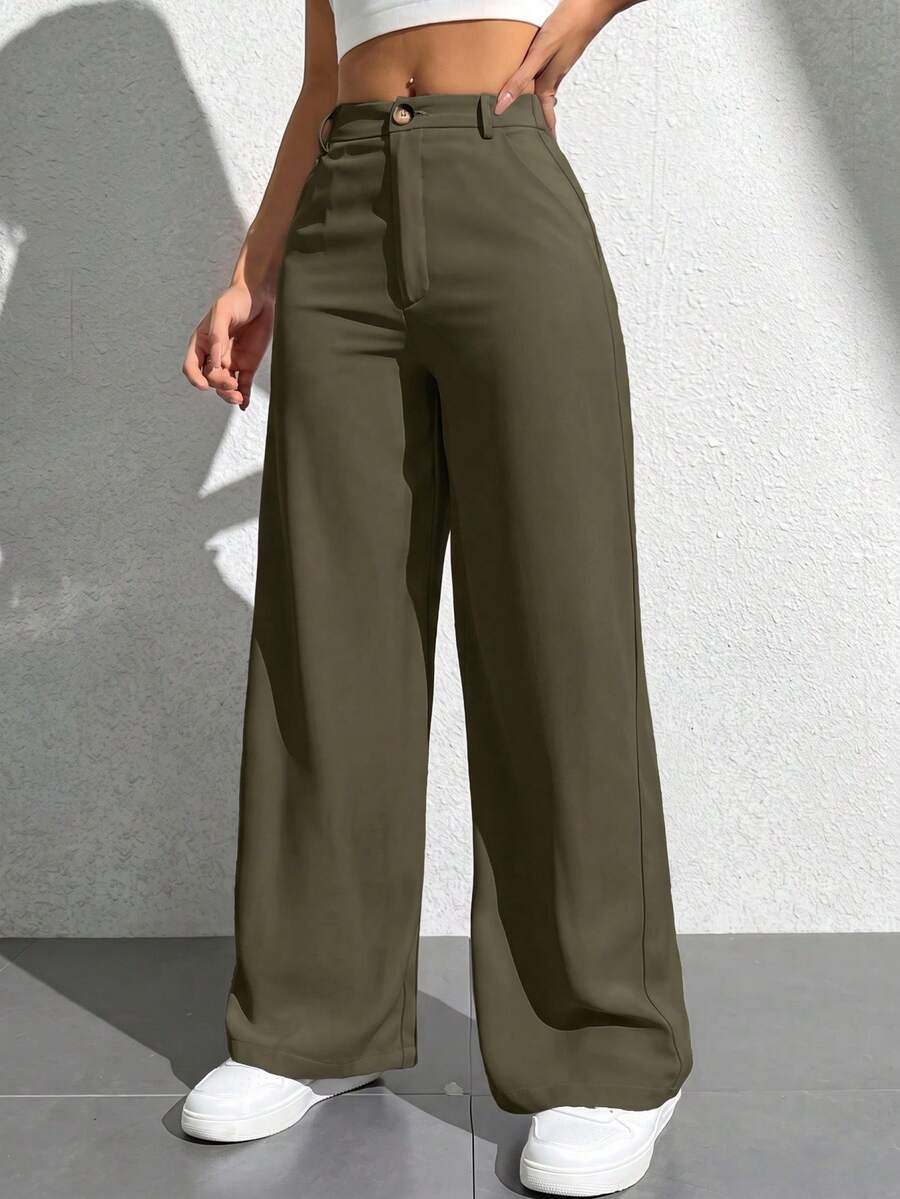 SHEIN PETITE 女款純色口袋寬腿寬鬆休閒長褲 - 軍綠色 - 查看 1