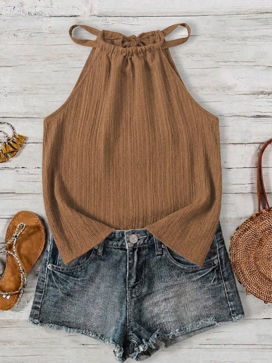 SHEIN LUNE Women's Summer Versatile Deep Coffee Color Vertical Stripe Textured Crepe Spaghetti Strap Camisole Tank Top, Suitable For Spring/Summer Vacation - Brown - View 1