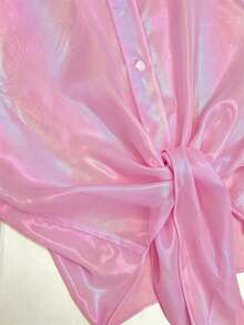 GlowEve Premium Iridescent Sheer Chiffon Tie-Front Vacation Casual Women's Blouse - Hot Pink - View 3