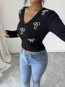 SHEIN Elenzya Sweater Rajut Motif Pita dan Manik-manik Musim Gugur/Dingin - Hitam - View 6