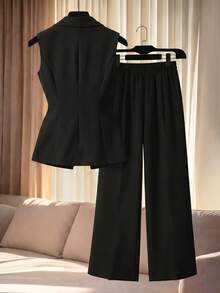 Formidée Plus Size Spring/Summer Elegant Casual Gold Rose Button Decor Solid Color Sleeveless Blazer Top + Versatile Casual Long Pants Women's 2-Piece Set, Suitable For Spring/Summer, Commuting, Office, Professional Women's 2-Piece Suit Set - Black - View 4