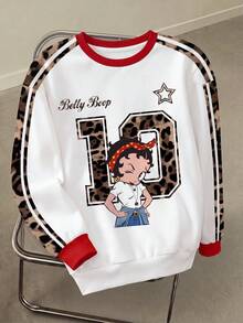 Betty Boop x SHEIN 女士休闲时尚街头风日常通勤豹纹数码卡通图案撞色条纹侧边宽松保暖圆领卫衣，秋冬款 - 白色 - 查看 1